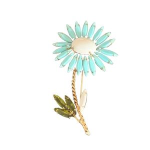 Vintage Long Stem Flower Pin Opaque Blue Stones